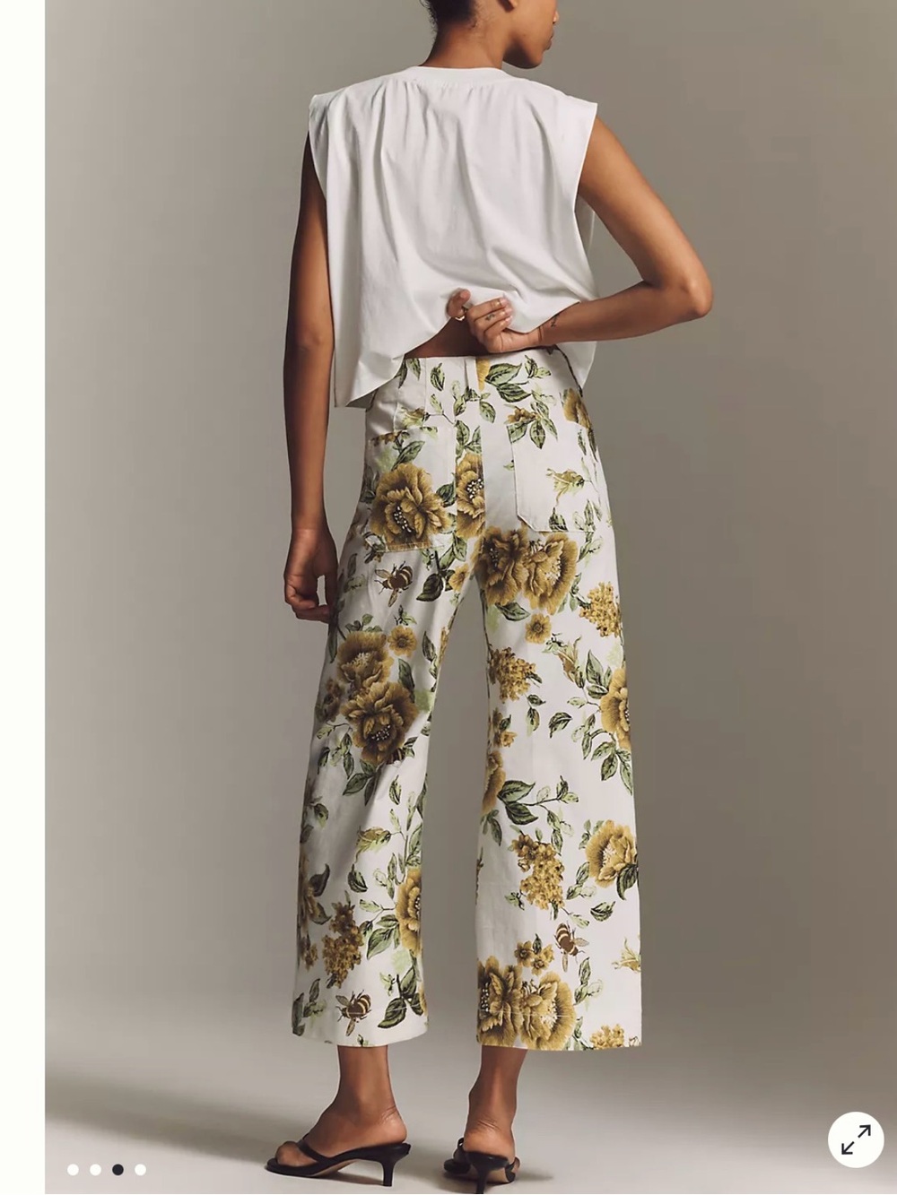 New- Mauve White Wide-Leg Pants with Yellow Floral Print - Picture 3 of 7